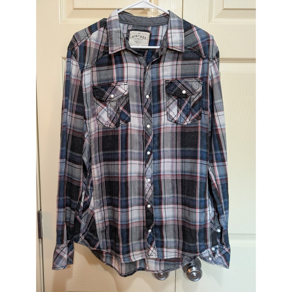 BKE Vintage Plaid Pearl Snap Western Shirt Athletic Fit Blue Grey Red Large